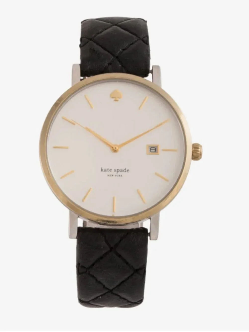 Kate Spade Metro Grand Watch Black Quilted Leather Strap Two Tone